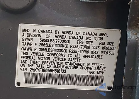 2006 Honda Pilot Ex-L z USA, uszkodzony, nr VIN 2HKYF18656H518133